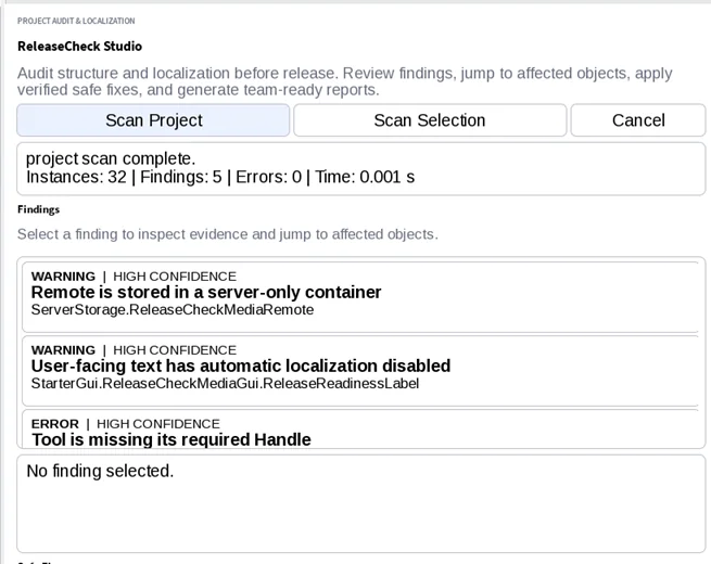 Audit di progetto ReleaseCheck Studio con finding in Roblox Studio
